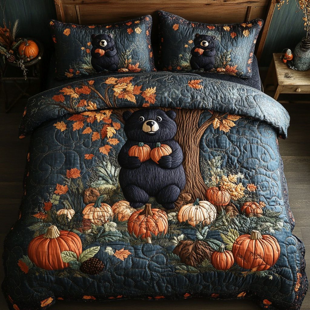 Autumn Bears Rest quilted 3-piece bedding set on a made bed with two matching pillow shams