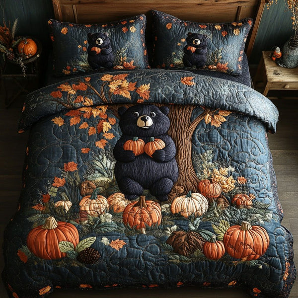 Autumn Bears Rest quilted 3-piece bedding set on a made bed with two matching pillow shams