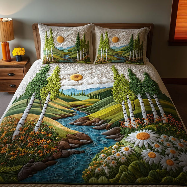 Autumn Birch quilted 3-piece bedding set on a made bed with two matching pillow shams