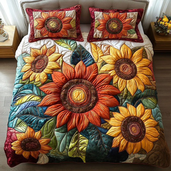 Autumn Blaze quilted 3-piece bedding set on a made bed with two matching pillow shams