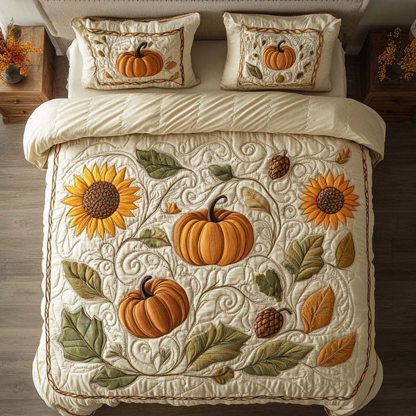 Autumn Blessings Trail quilted 3-piece bedding set on a made bed with two matching pillow shams