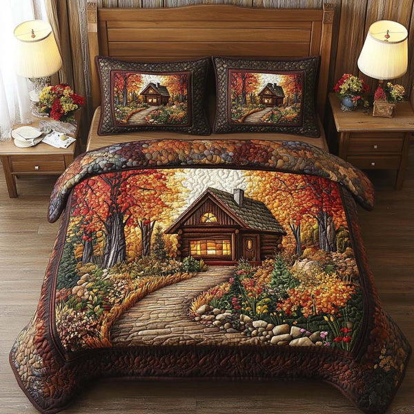 Autumn Bliss quilted 3-piece bedding set on a made bed with two matching pillow shams