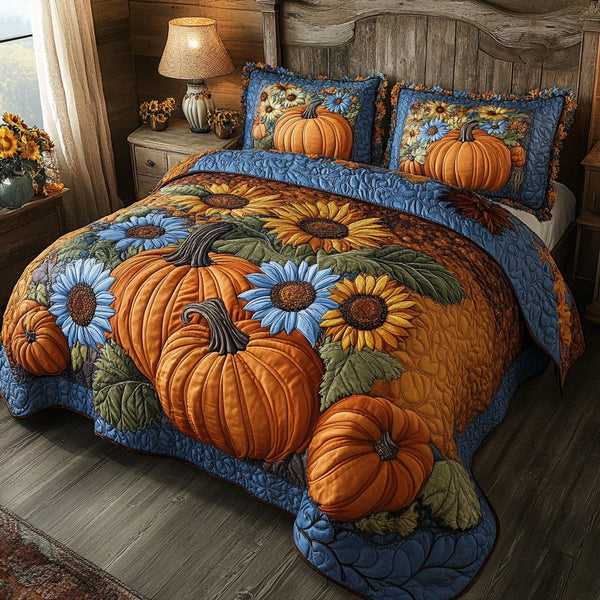 Autumn Bliss quilted 3-piece bedding set on a made bed with two matching pillow shams