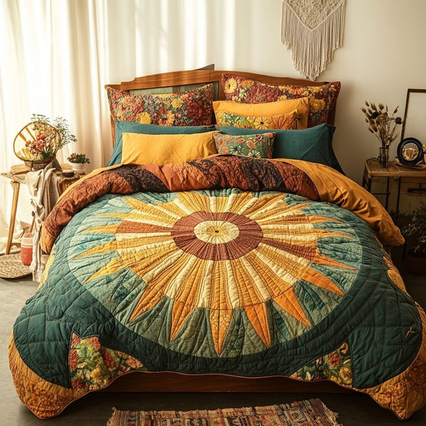 Autumn Bliss quilted 3-piece bedding set on a made bed with two matching pillow shams