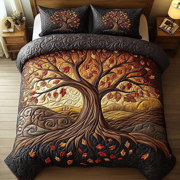 Autumn Bloom quilted 3-piece bedding set on a made bed with two matching pillow shams
