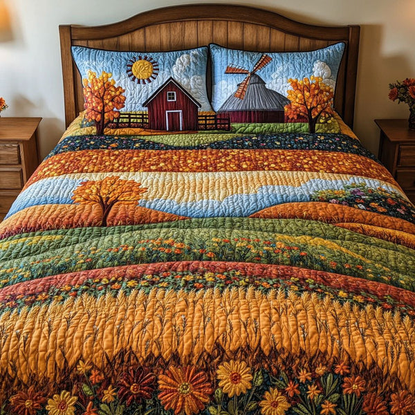 Autumn Bloom quilted 3-piece bedding set on a made bed with two matching pillow shams