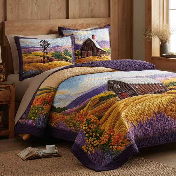 Autumn Blooms and Beyond quilted 3-piece bedding set on a made bed with two matching pillow shams