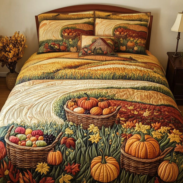 Autumn Blossom Breeze quilted 3-piece bedding set on a made bed with two matching pillow shams
