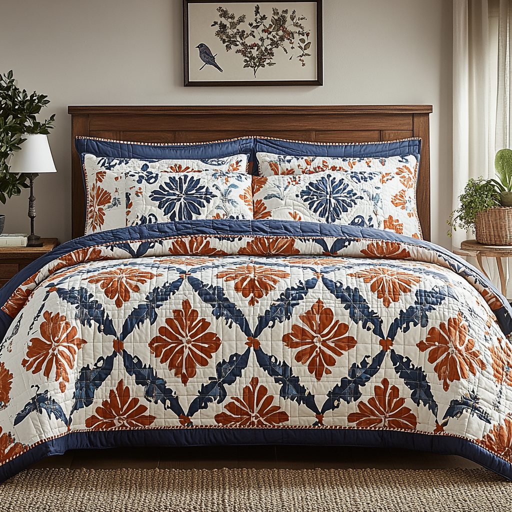 Autumn Blossom Quilt quilted 3-piece bedding set on a made bed with two matching pillow shams