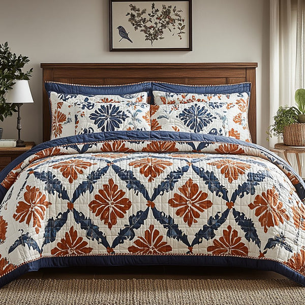Autumn Blossom Quilt quilted 3-piece bedding set on a made bed with two matching pillow shams
