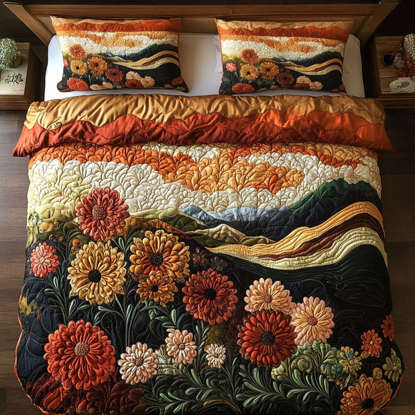 Autumn Blossoms quilted 3-piece bedding set on a made bed with two matching pillow shams