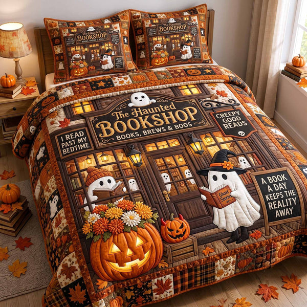 Autumn Bookshop quilted 3-piece bedding set on a made bed with two matching pillow shams