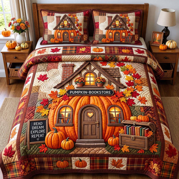 Autumn Bookshop quilted 3-piece bedding set on a made bed with two matching pillow shams