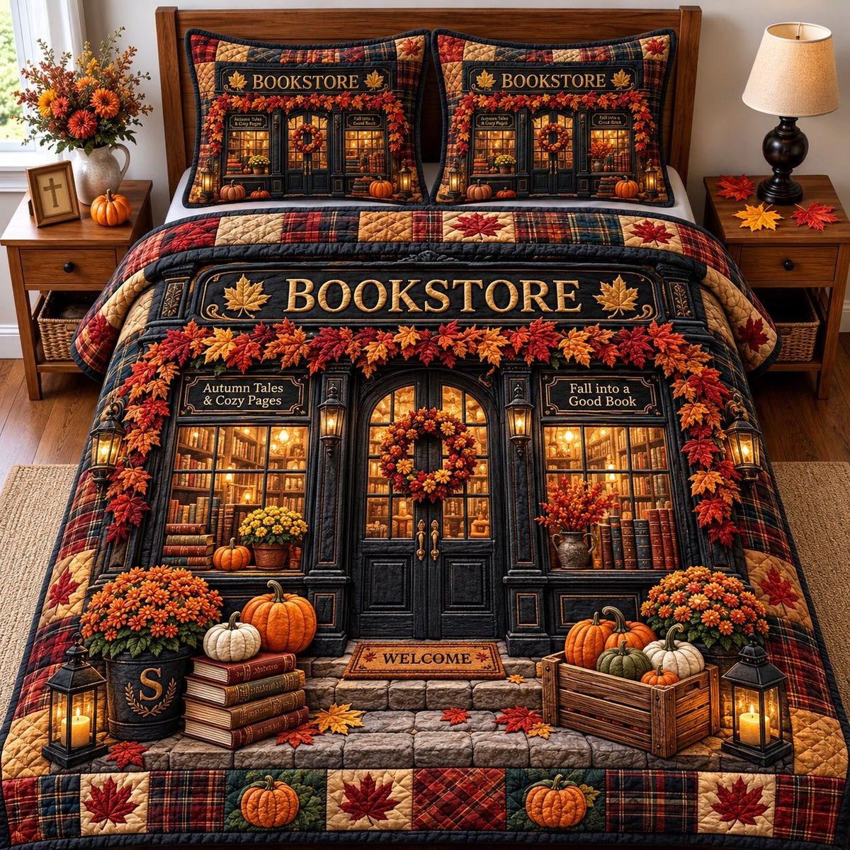 Autumn Bookshop quilted 3-piece bedding set on a made bed with two matching pillow shams
