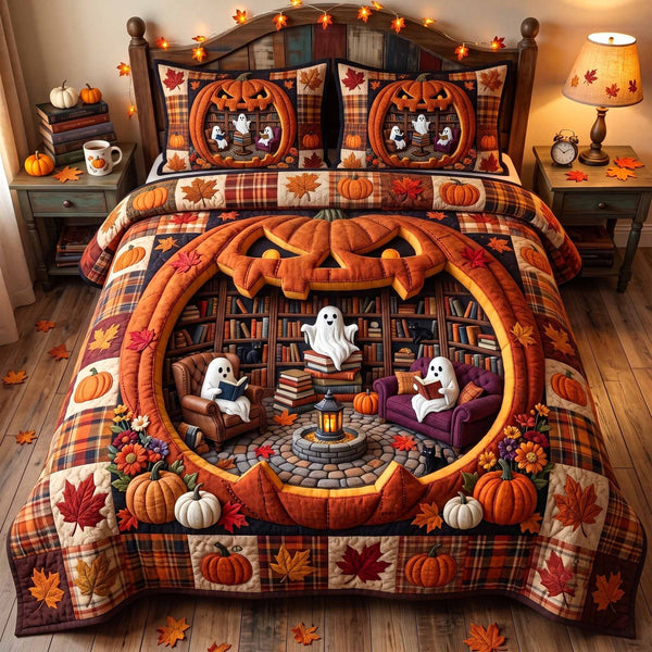 Autumn Bookshop quilted 3-piece bedding set on a made bed with two matching pillow shams