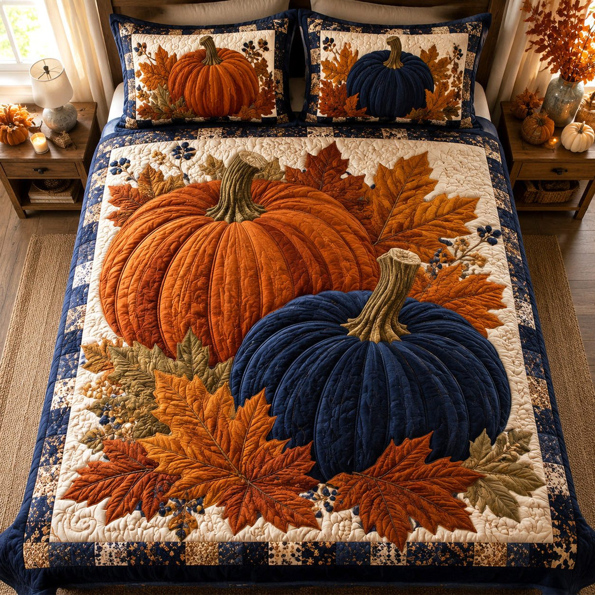 Autumn Bounty quilted 3-piece bedding set on a made bed with two matching pillow shams