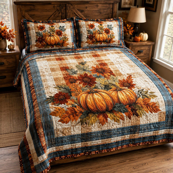 Autumn Bouquet quilted 3-piece bedding set on a made bed with two matching pillow shams