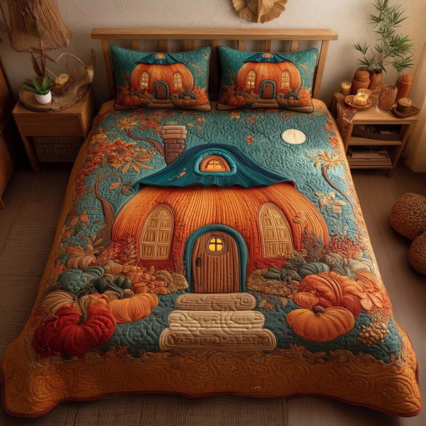 Autumn Breeze Mill quilted 3-piece bedding set on a made bed with two matching pillow shams