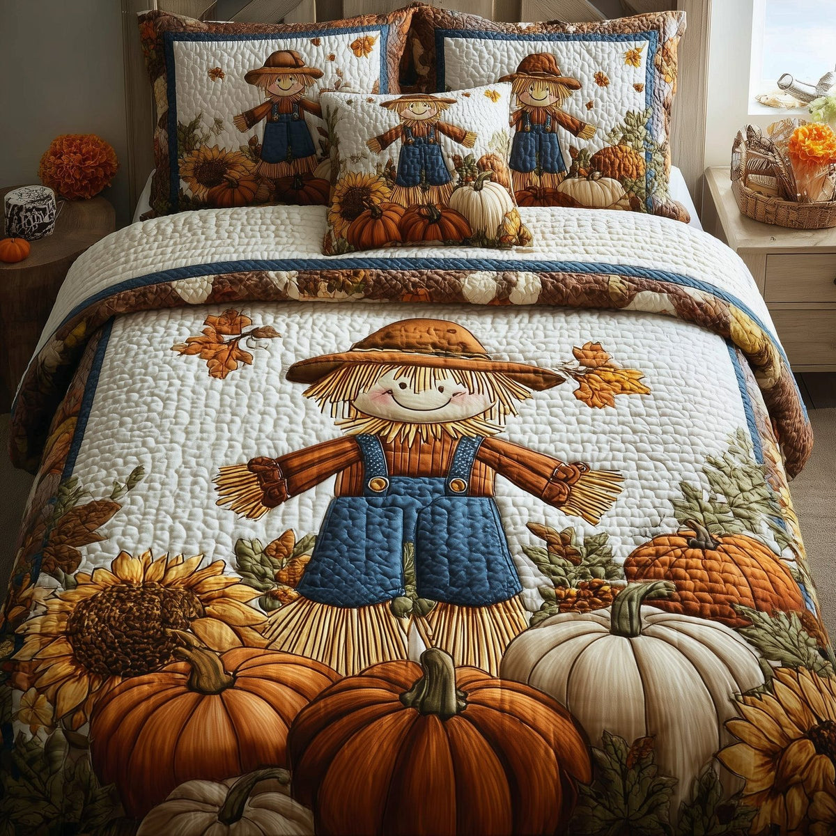 Autumn Breeze quilted 3-piece bedding set on a made bed with two matching pillow shams