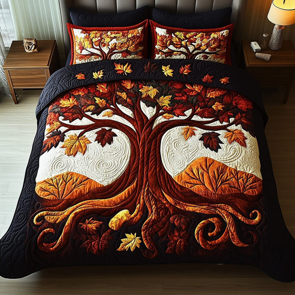 Autumn Breeze quilted 3-piece bedding set on a made bed with two matching pillow shams