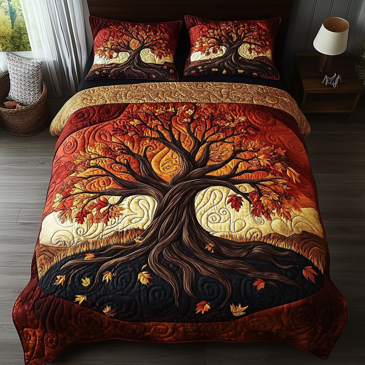 Autumn Breeze quilted 3-piece bedding set on a made bed with two matching pillow shams