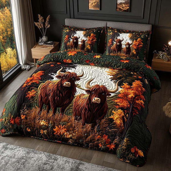 Autumn Breeze quilted 3-piece bedding set on a made bed with two matching pillow shams