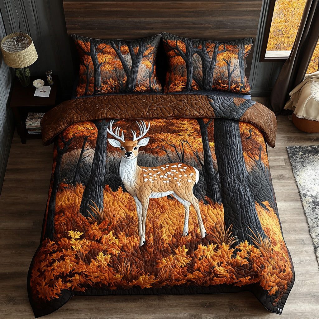 Autumn Buck quilted 3-piece bedding set on a made bed with two matching pillow shams