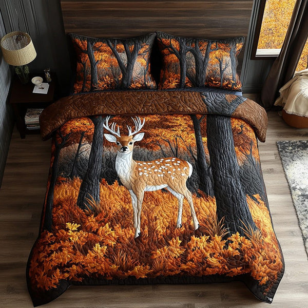 Autumn Buck quilted 3-piece bedding set on a made bed with two matching pillow shams