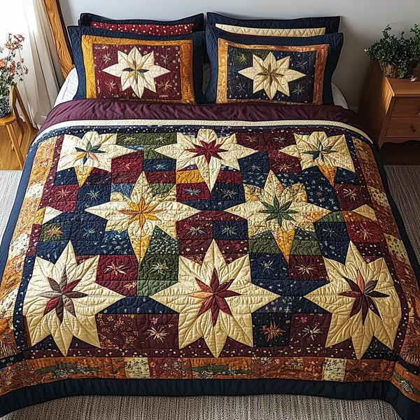 Autumn Burst quilted 3-piece bedding set on a made bed with two matching pillow shams