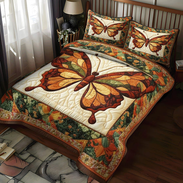 Autumn Butterfly quilted 3-piece bedding set on a made bed with two matching pillow shams