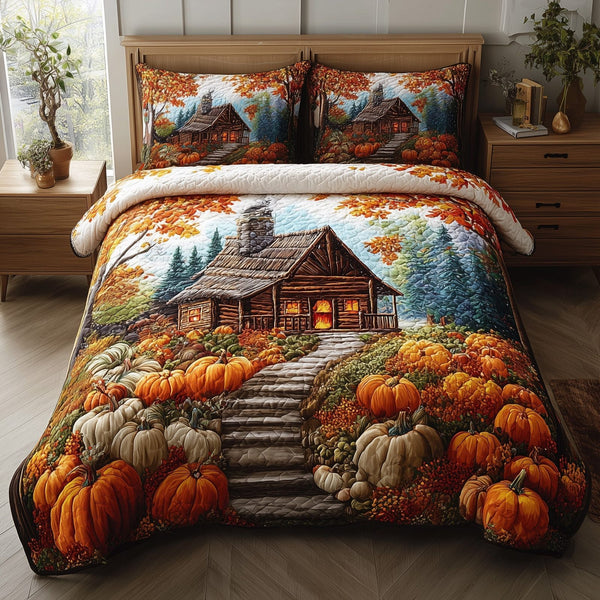 Autumn Cabin Glow quilted 3-piece bedding set on a made bed with two matching pillow shams