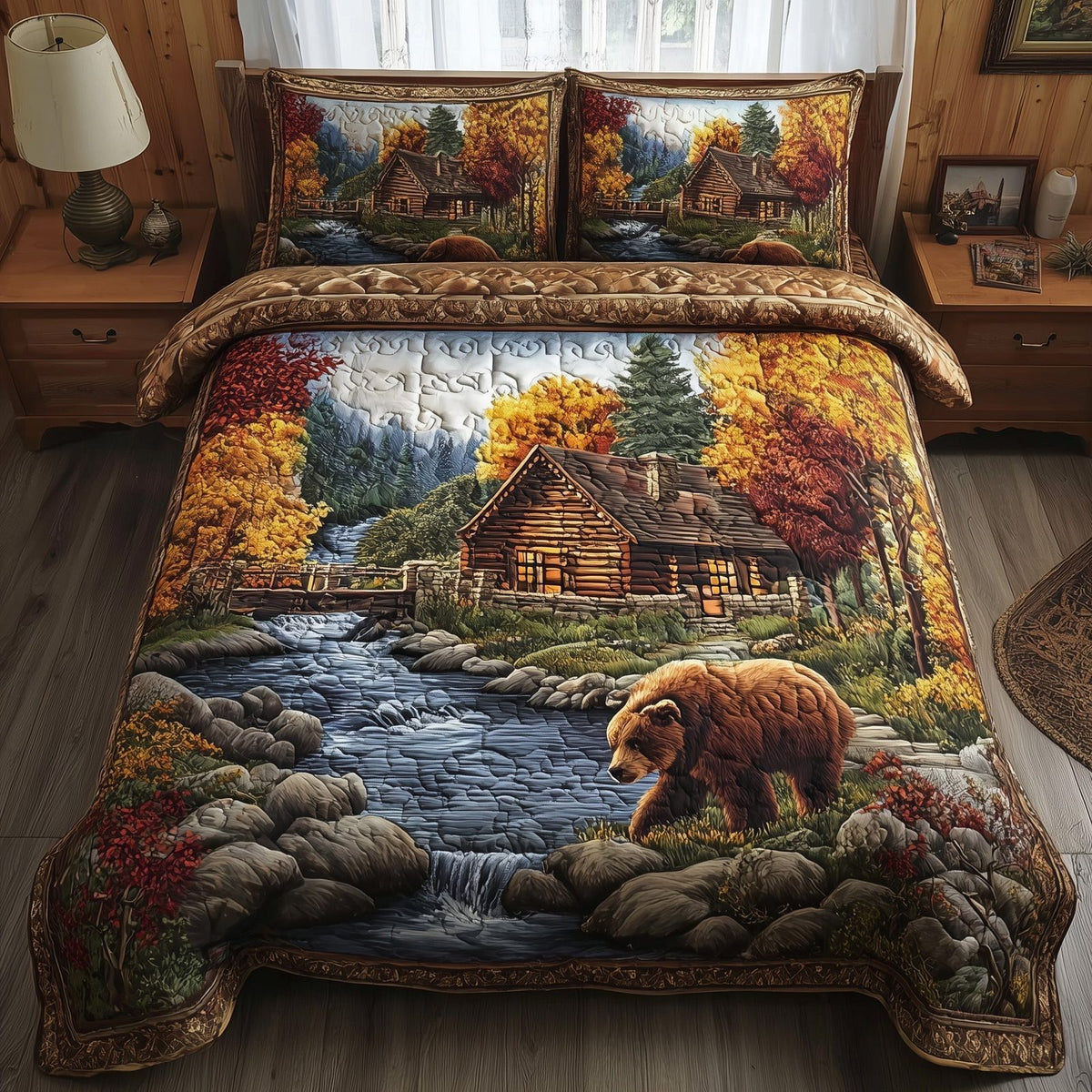 Autumn Cabin Glow quilted 3-piece bedding set on a made bed with two matching pillow shams