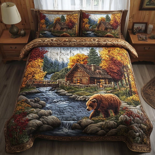Autumn Cabin Glow quilted 3-piece bedding set on a made bed with two matching pillow shams