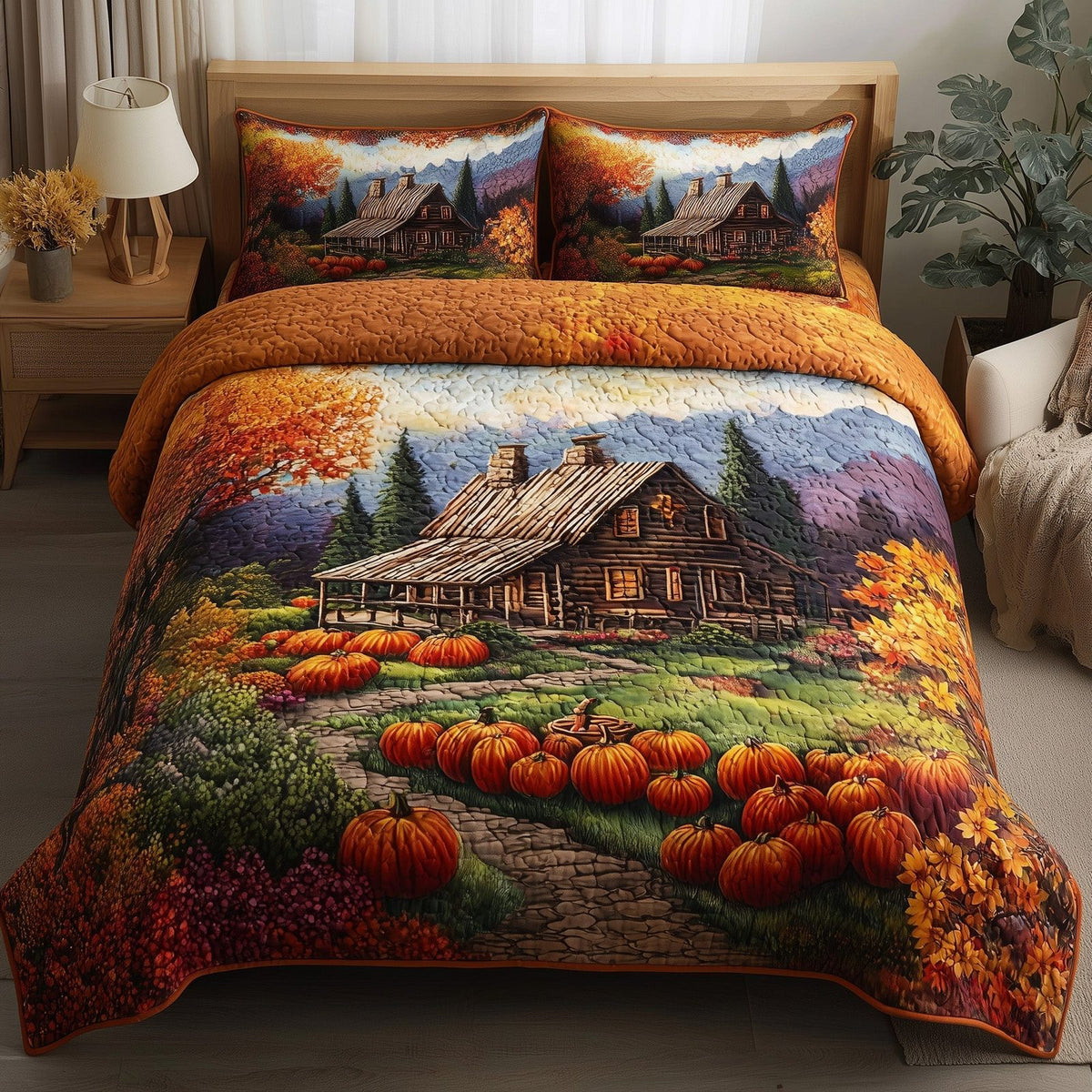 Autumn Cabin Glow quilted 3-piece bedding set on a made bed with two matching pillow shams