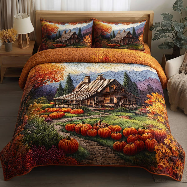Autumn Cabin Glow quilted 3-piece bedding set on a made bed with two matching pillow shams