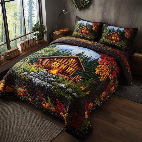 Autumn Cabin Glow quilted 3-piece bedding set on a made bed with two matching pillow shams
