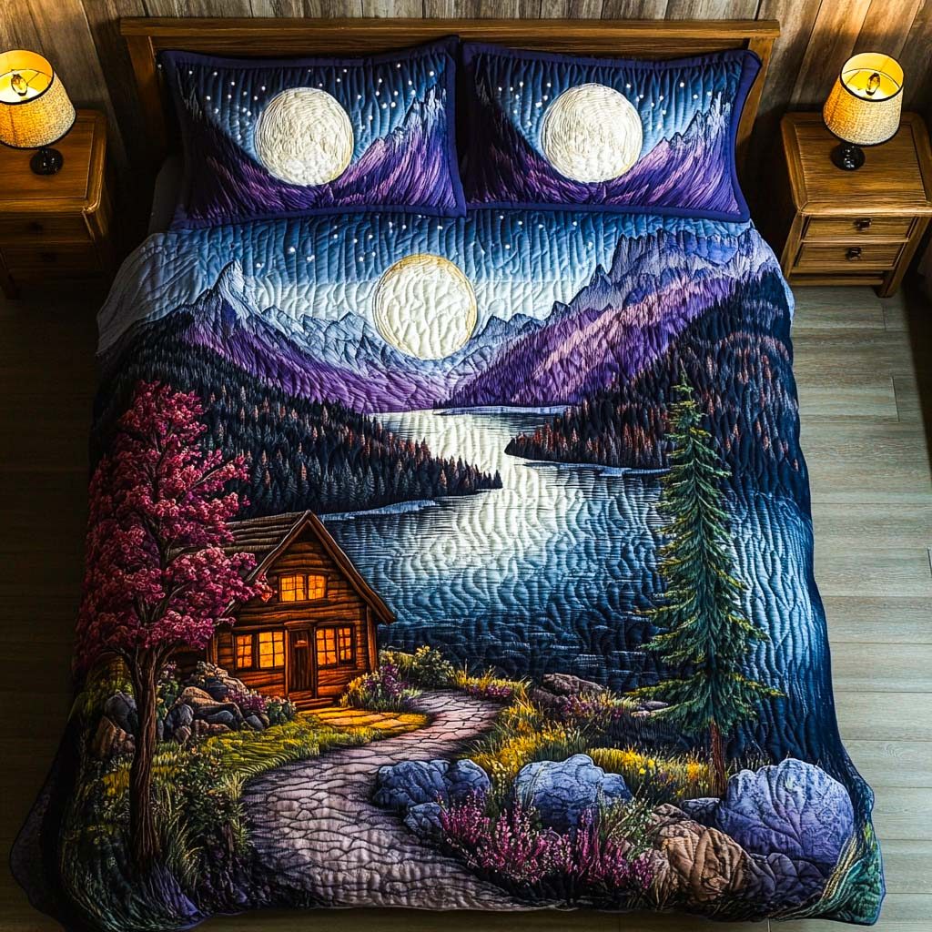 Autumn Cabin Glow quilted 3-piece bedding set on a made bed with two matching pillow shams