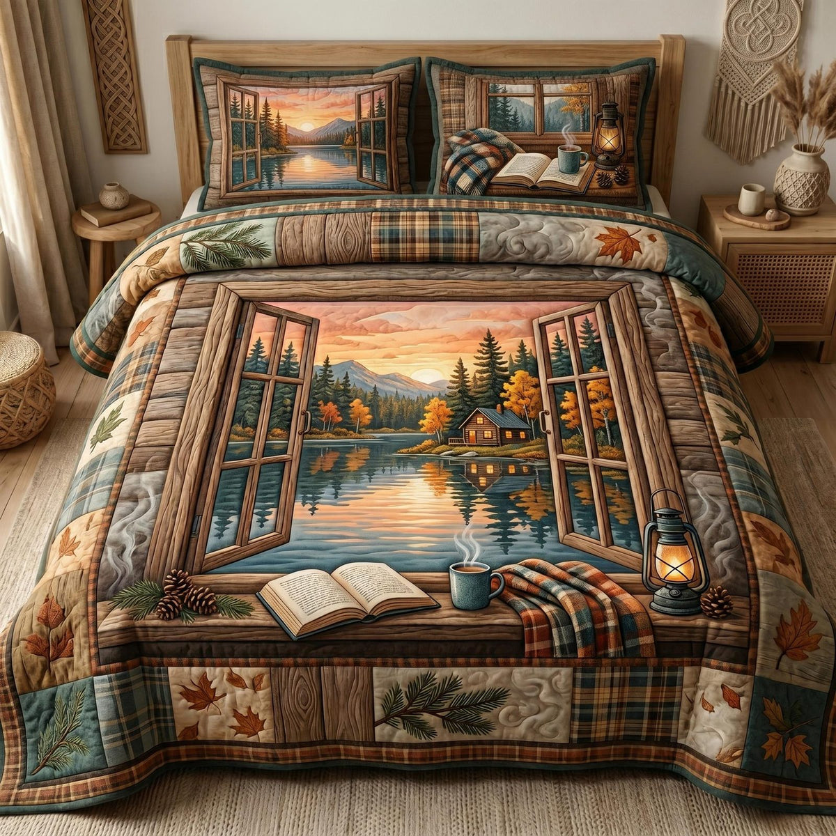 Autumn Cabin quilted 3-piece bedding set on a made bed with two matching pillow shams