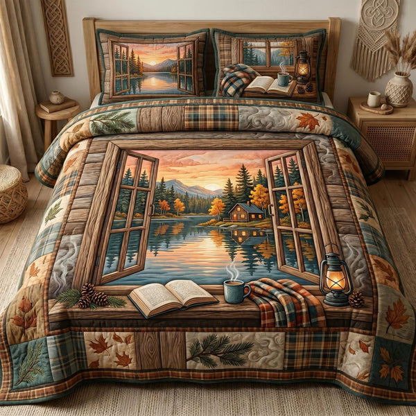 Autumn Cabin quilted 3-piece bedding set on a made bed with two matching pillow shams