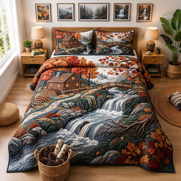 Autumn Cabin quilted 3-piece bedding set on a made bed with two matching pillow shams