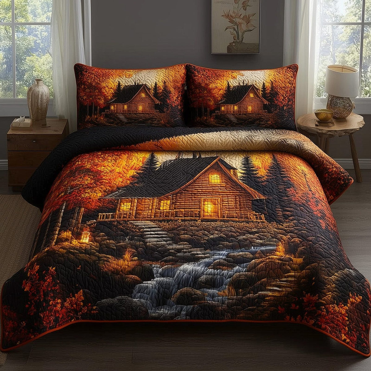 Autumn Cabin quilted 3-piece bedding set on a made bed with two matching pillow shams