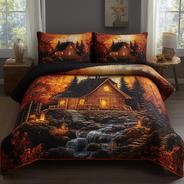 Autumn Cabin quilted 3-piece bedding set on a made bed with two matching pillow shams