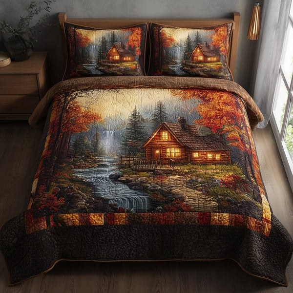 Autumn Cabin quilted 3-piece bedding set on a made bed with two matching pillow shams