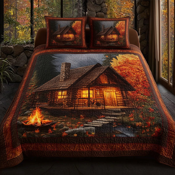 Autumn Cabin quilted 3-piece bedding set on a made bed with two matching pillow shams