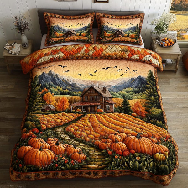 Autumn Cabin quilted 3-piece bedding set on a made bed with two matching pillow shams