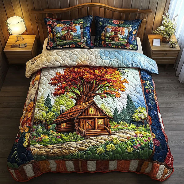 Autumn Cabin quilted 3-piece bedding set on a made bed with two matching pillow shams