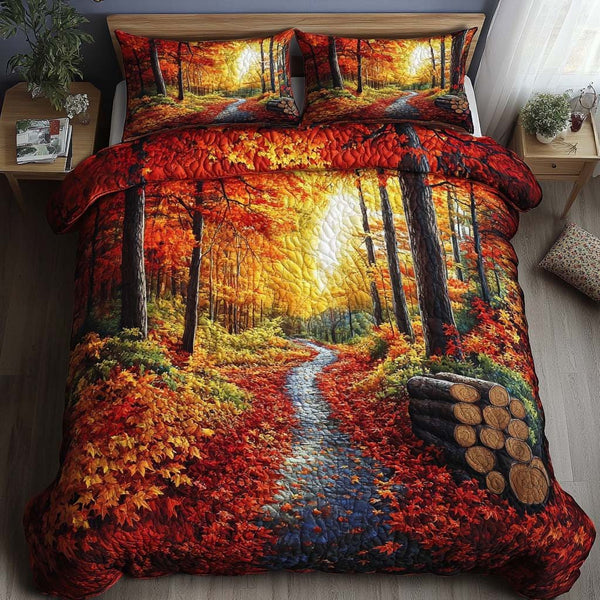 Autumn Canopy quilted 3-piece bedding set on a made bed with two matching pillow shams