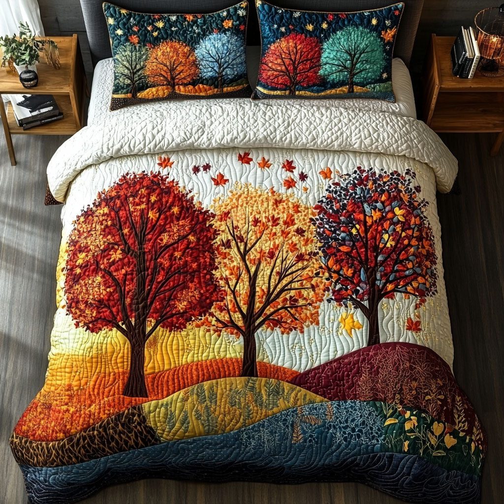 Autumn Canopy quilted 3-piece bedding set on a made bed with two matching pillow shams