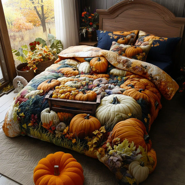 Autumn Carve quilted 3-piece bedding set on a made bed with two matching pillow shams