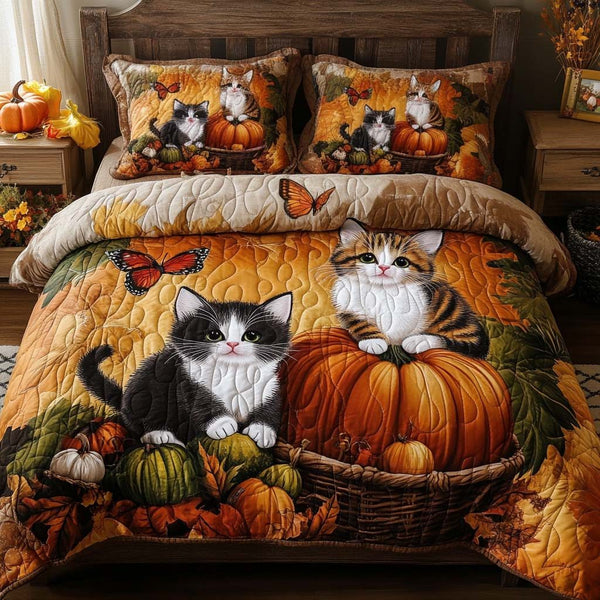 Autumn Cat Charm quilted 3-piece bedding set on a made bed with two matching pillow shams